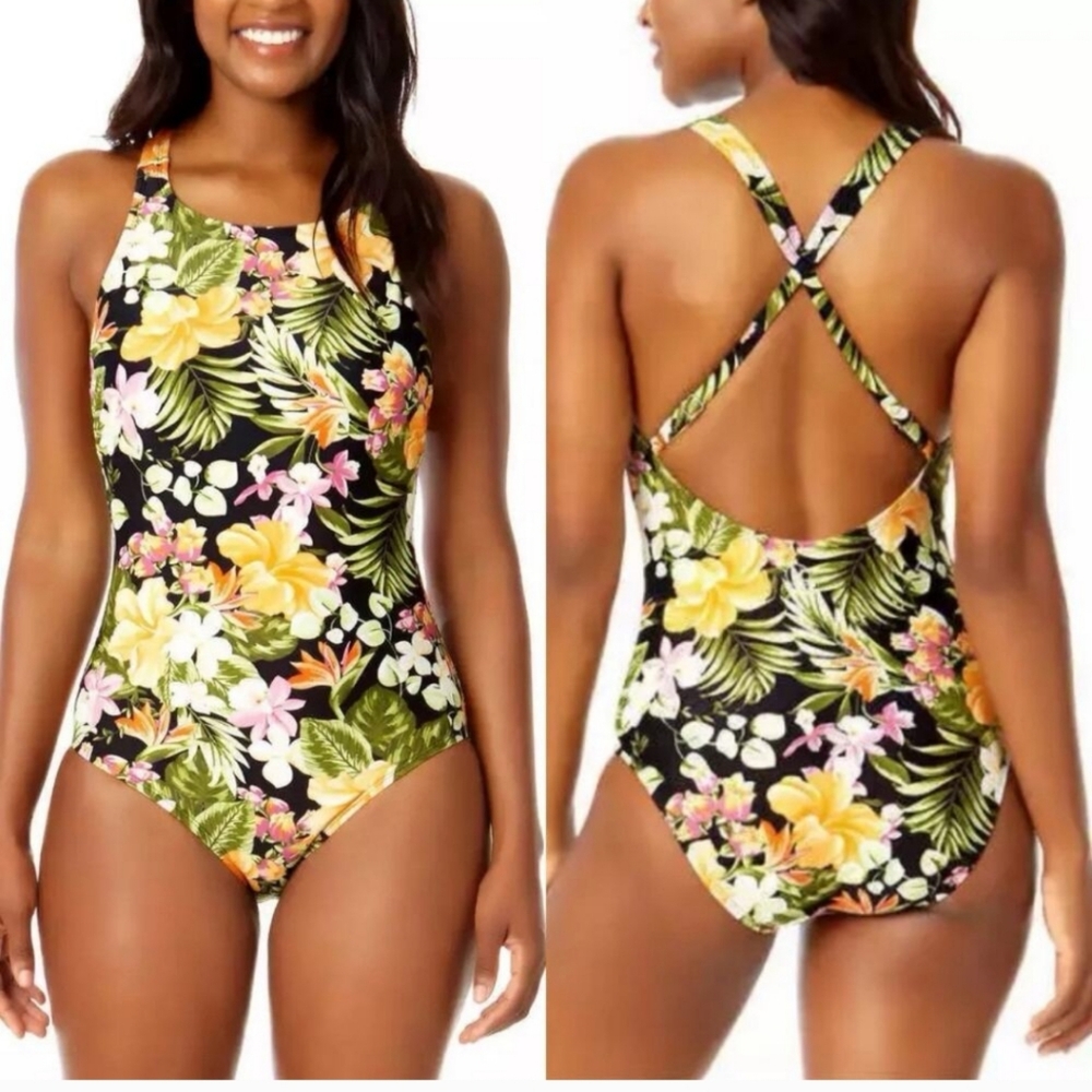 Hurley Women’s Tropical One Piece Bathing Suit, SPF 50+ Strappy Back Size Medium
